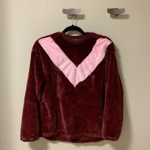 super fuzzy maroon and pink sweater